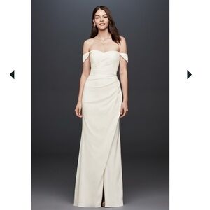 Draped Off-The-Shoulder Crepe Sheath Gown